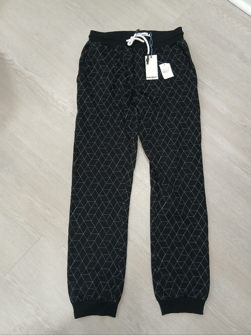Punk Royal Black Jogger Pants with White Geometric Stitch -Size L - New With Tag